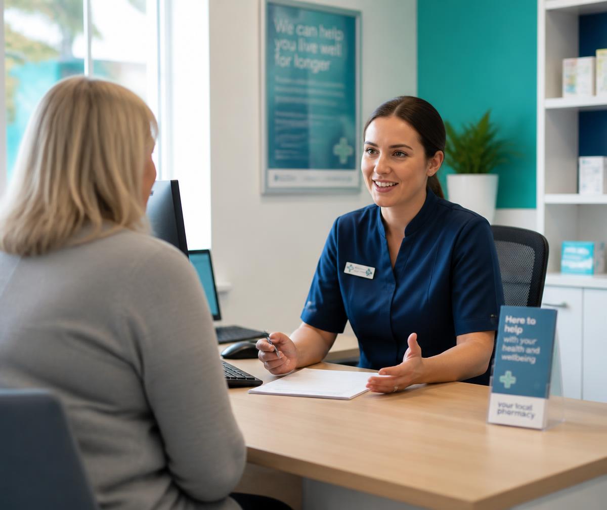 Maple Pharmacy pharmacist talking with a patient in a private consultation room