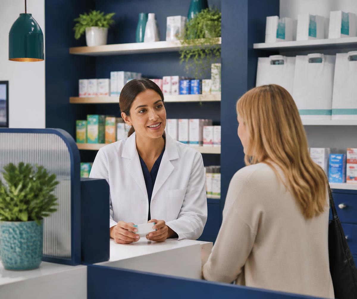 Pharmacist discussing services with a patient at the Maple Pharmacy counter